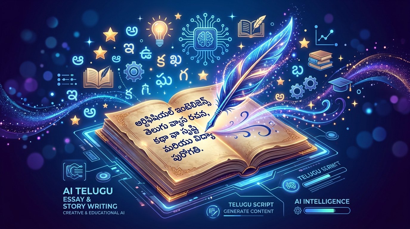 తెలుగు AI వ్యాస రచన మరియు కథా సృష్టి డిజిటల్ సాధనం - Telugu Essay Writer Banner